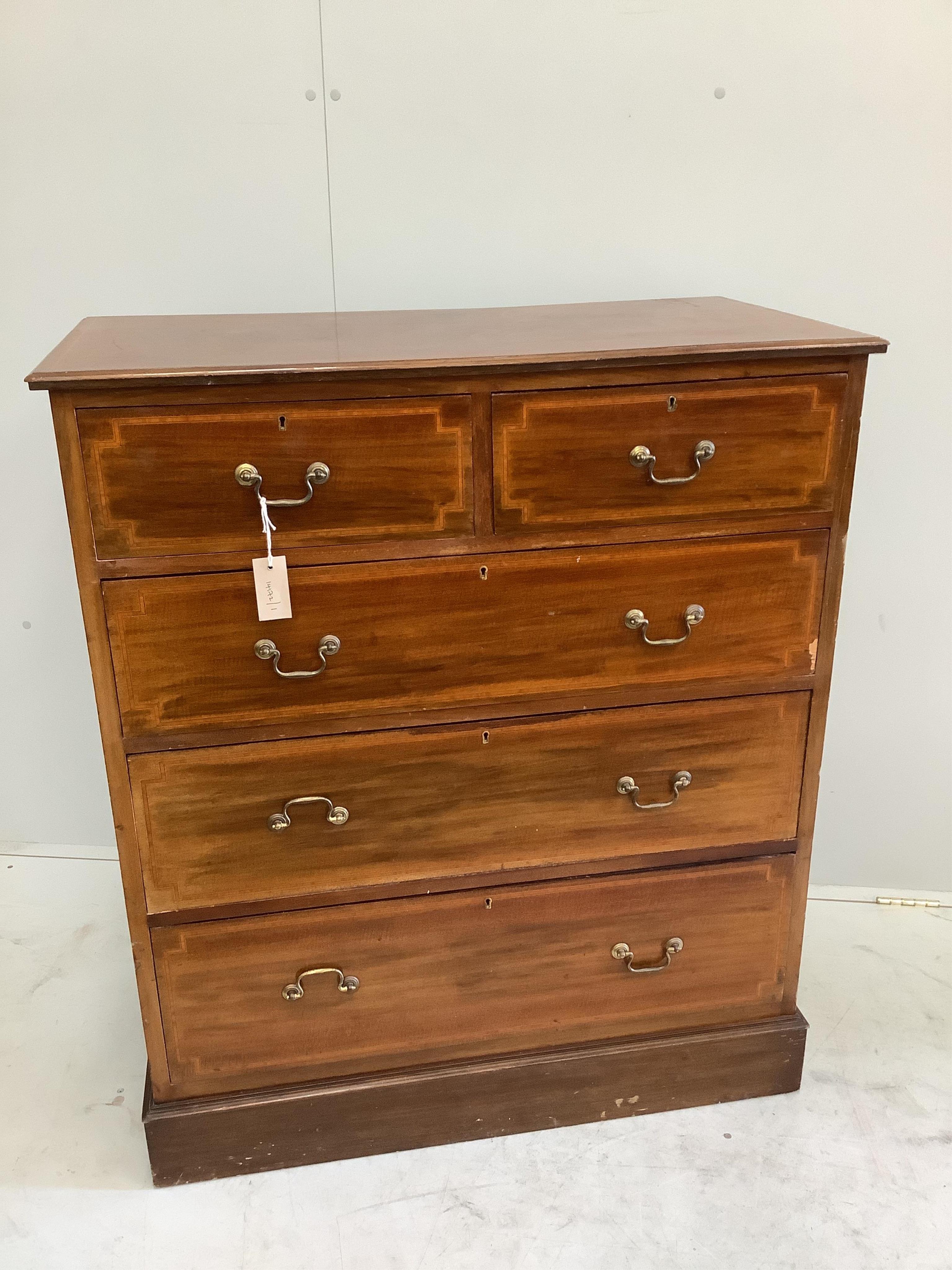 An Edwardian satinwood banded mahogany chest, width 91cm, depth 47cm, height 106cm